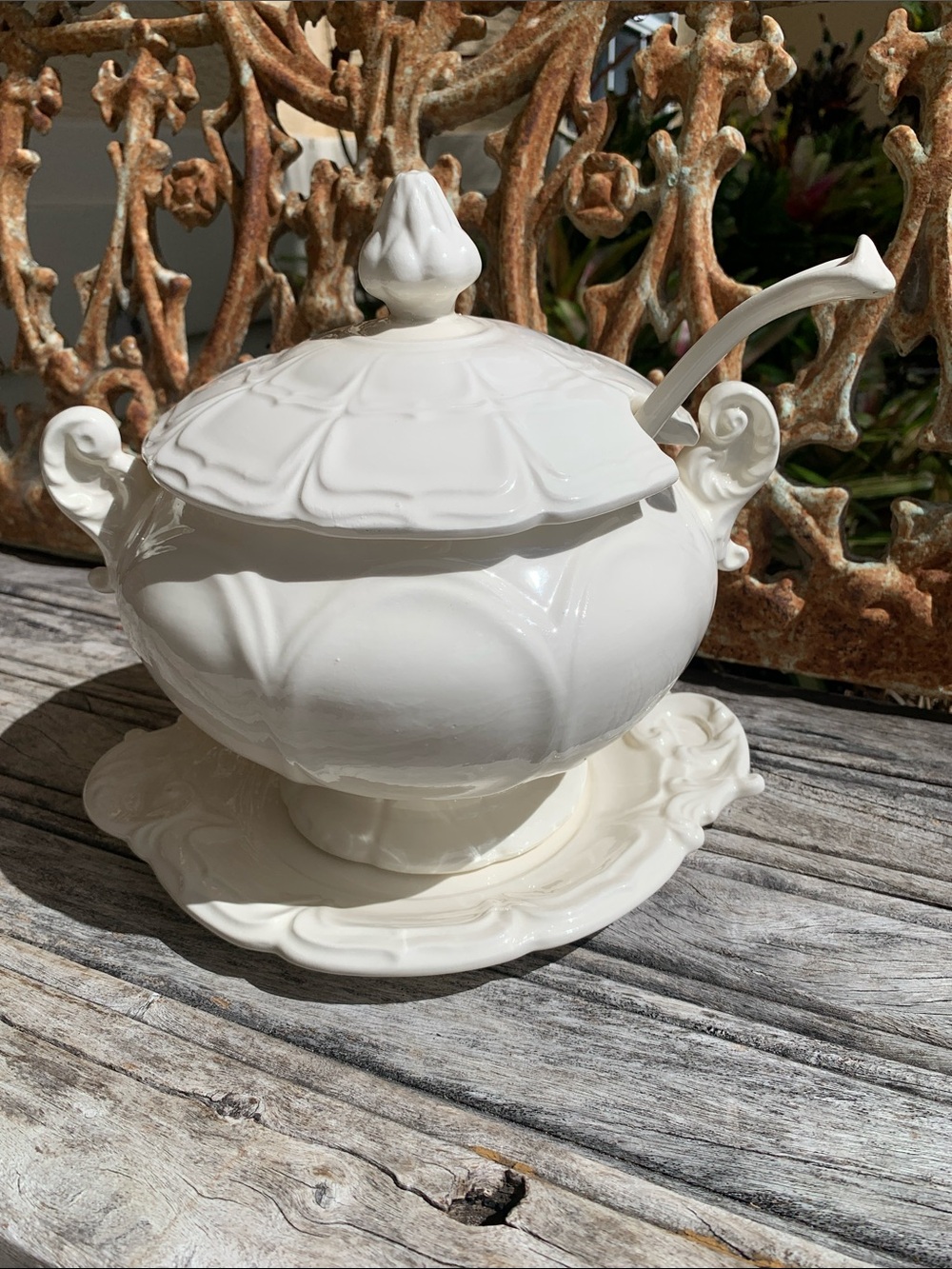 Vintage White Porcelain Covered Tureen with Ladle and Underplate
